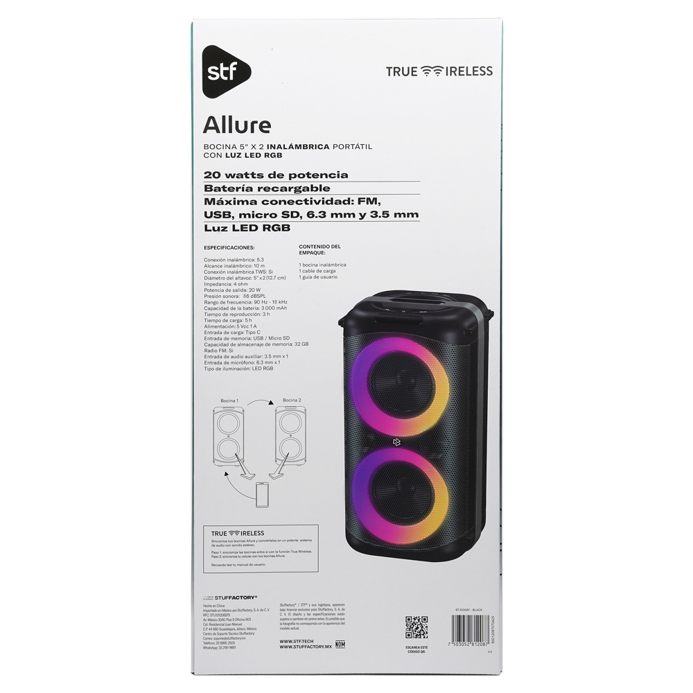 Foto 7 pulgar | Bocina Inalámbrica Portátil  Stf Allure 5''x2 Con Luz Led Rgb Color Negro