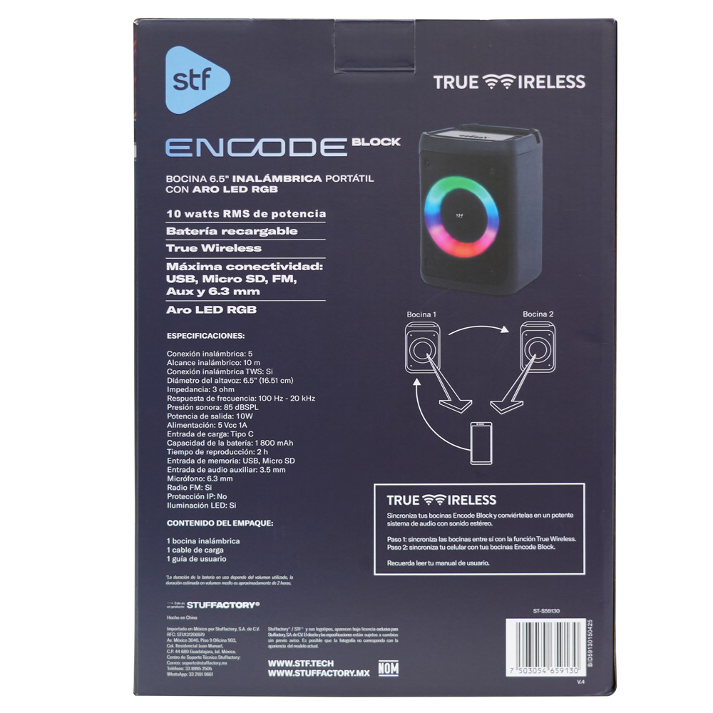 Foto 9 pulgar | Bocina Inalámbrica Portátil Stf  Encode Block 6.5'' Con Aro Led Rgb
