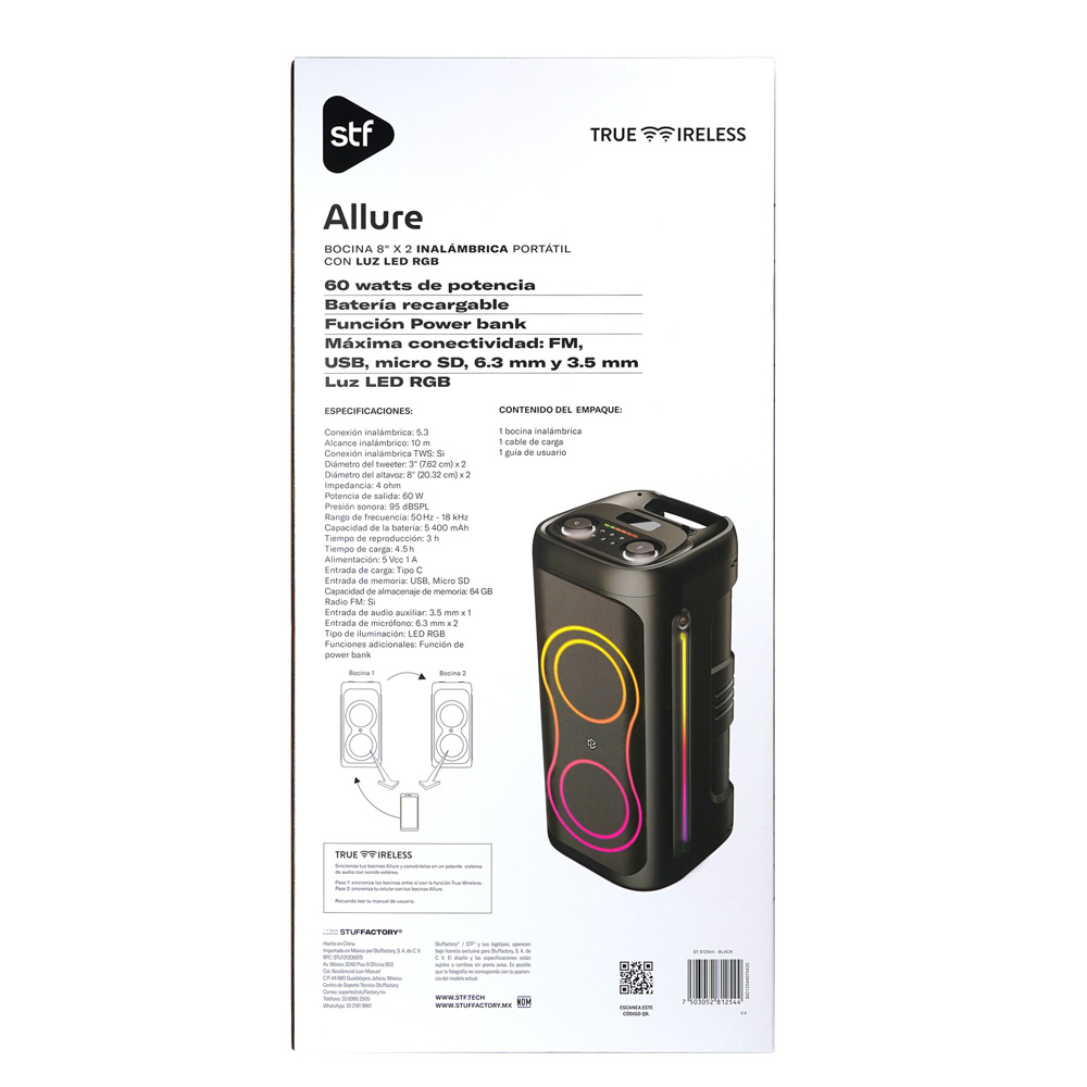 Foto 7 pulgar | Bocina Inalámbrica Portátil Stf Allure 8''x2 Con Luz Led Rgb