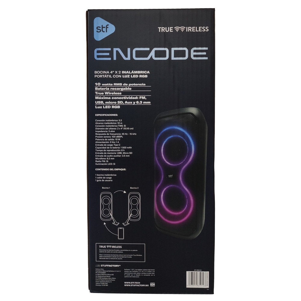 Foto 9 pulgar | Bocina Inalámbrica Portátil Stf Encode 2 X 4'' Con Luz Led Rgb