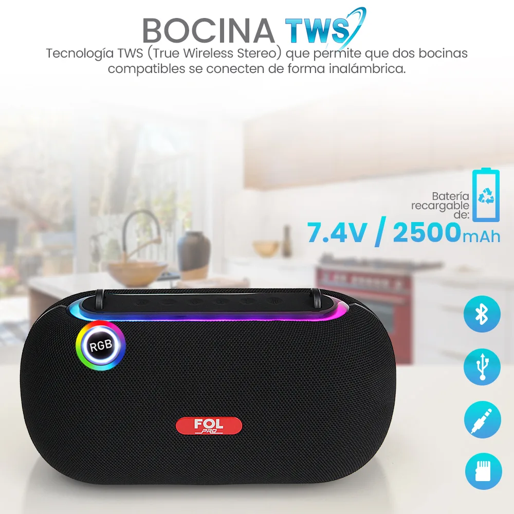 Foto 8 pulgar | Bocina Fol Inalámbrica Bluetooth Tws Portátil Recargable 30w Negro Fs-r317