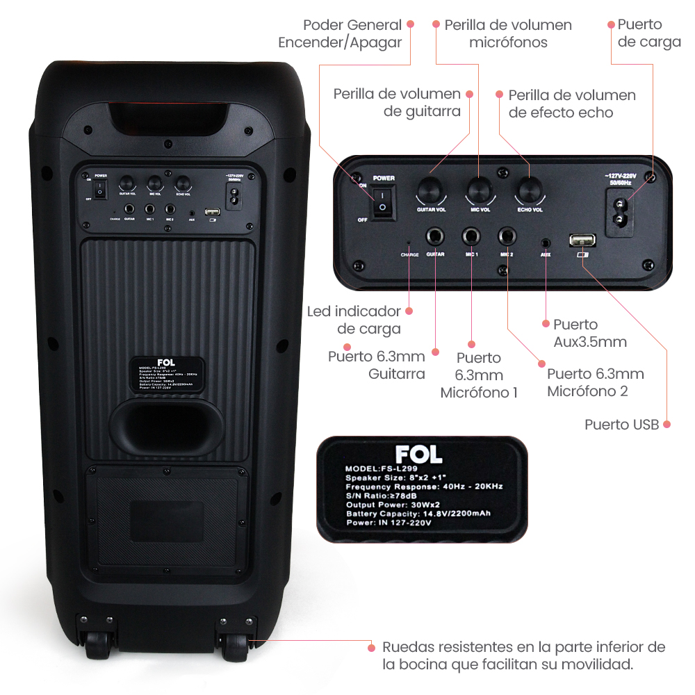 Foto 7 pulgar | Bocina Fol Inalámbrica Bluetooth Tws Portátil Recargable 60w Negro Fs-l299