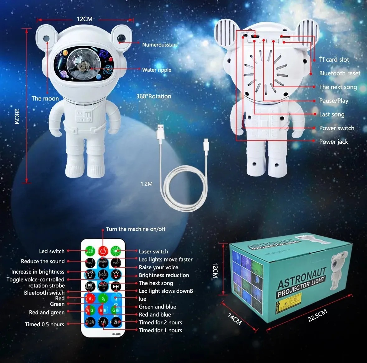 Foto 3 pulgar | Bocina Bluetooth En Forma de Astronauta Con Proyector Nebulosa Y Estrellas Led.