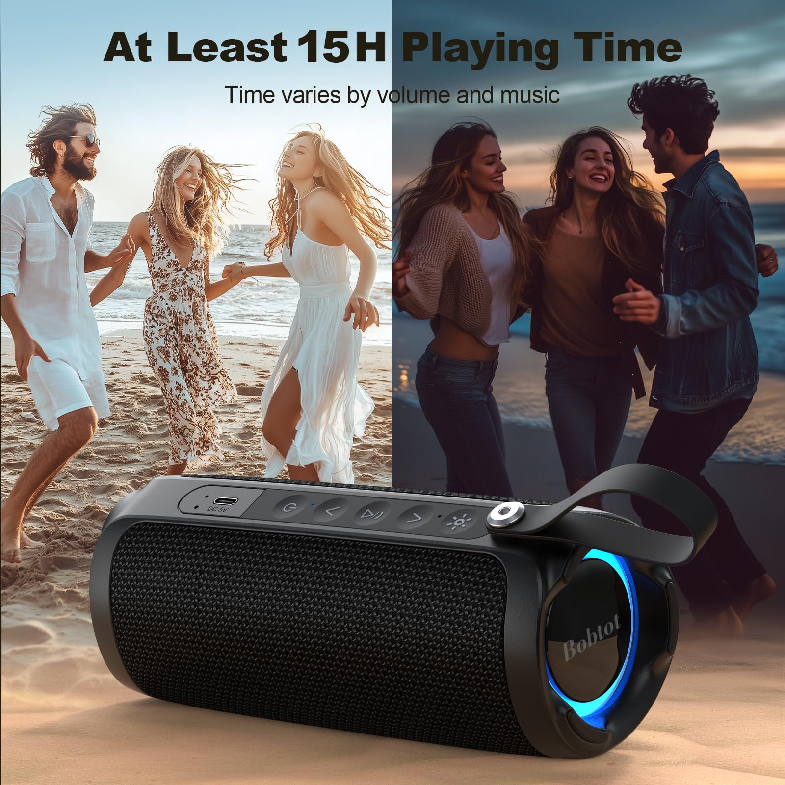 Foto 4 | Altavoz Bluetooth Bobtot Portable Ipx6 Resistente Al Agua 15w Negro - Venta Internacional.