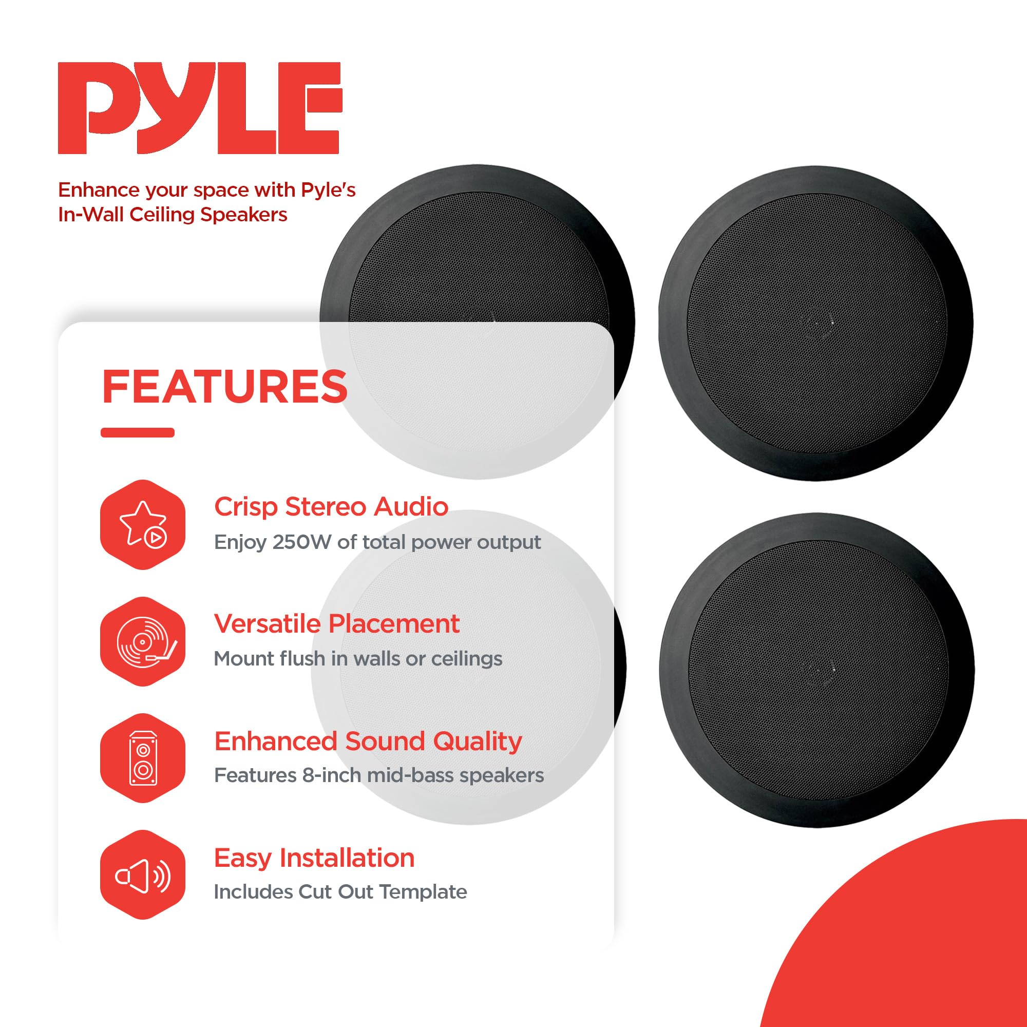 Foto 4 pulgar | Altavoces Pyle Pdic81rdbk De 8 Pulgadas Y 250 W Empotrados En Pared/techo - Venta Internacional.