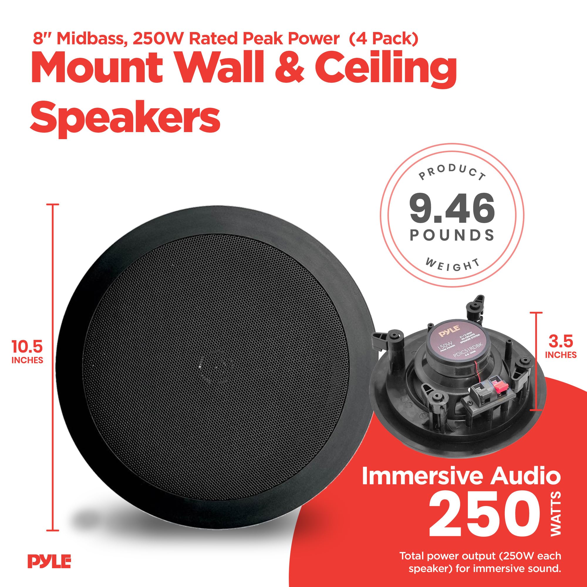 Foto 5 pulgar | Altavoces Pyle Pdic81rdbk De 8 Pulgadas Y 250 W Empotrados En Pared/techo - Venta Internacional.