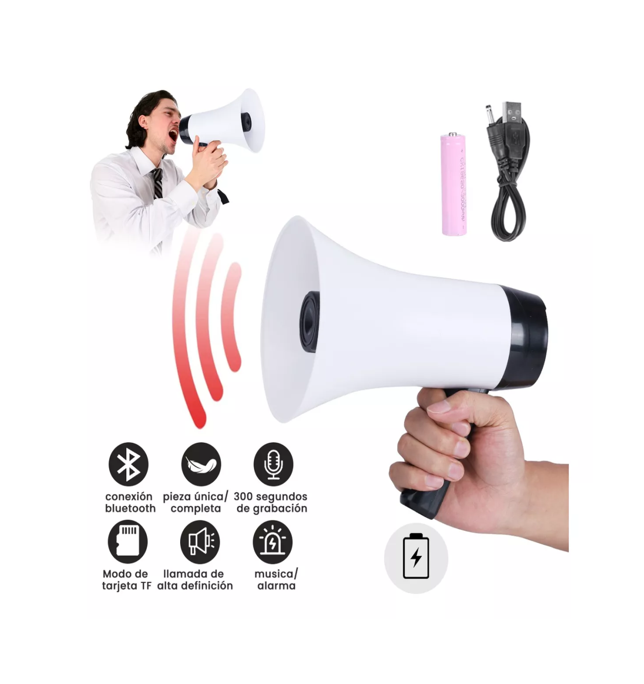 Foto 4 pulgar | Megáfono Bluetooth con Grabador y Reproductor Usb Blanco