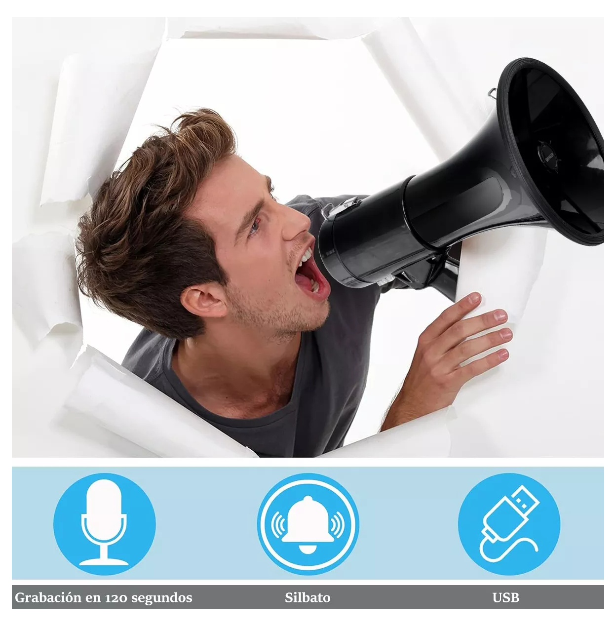 Foto 4 pulgar | Megafono Recargable Con Grabador Y Sirena Usb/sd 20000hz Negro