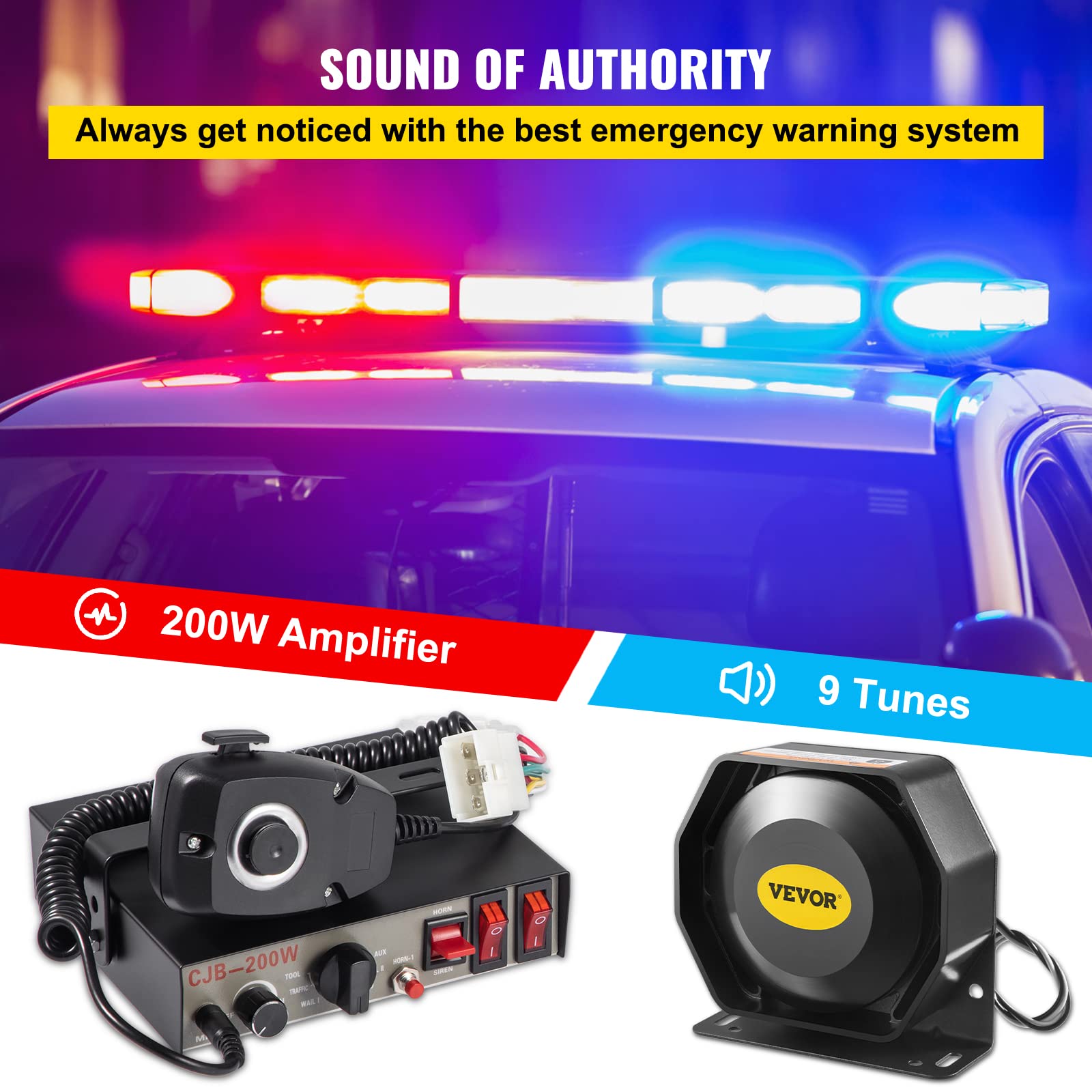 Foto 3 pulgar | Alarma De Aviso De Coche Vevor Police Sirens, 200 W, 9 Tonos, 12 V Dc - Venta Internacional.