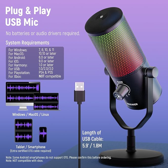 Foto 4 | Micrófono Usb Para Juegos Con Efecto De Luz Rgb, Plug & Play One Click Silencio Y Ganancia, Para Pc Mac Ps4 Ps