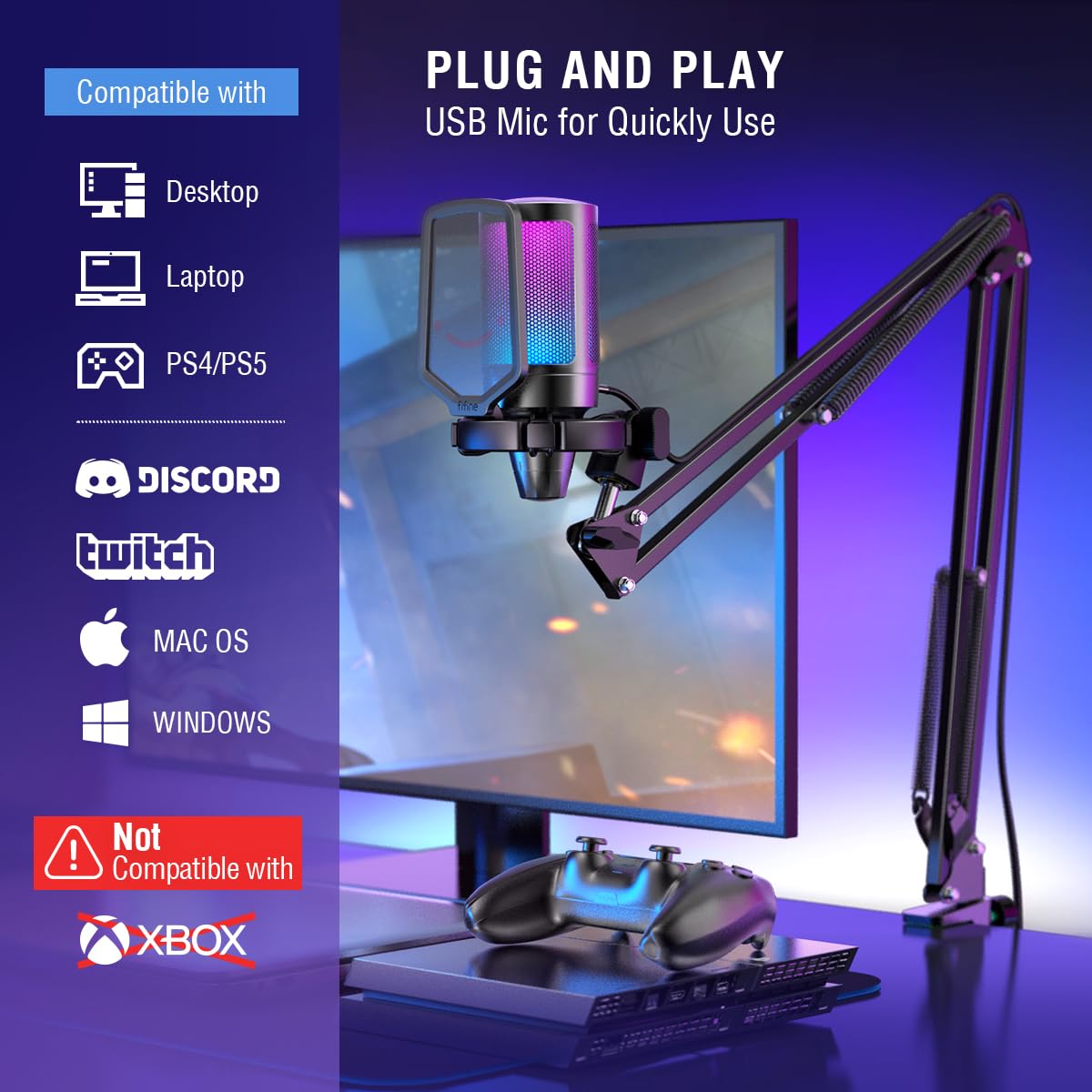 Foto 7 pulgar | Micrófono De Condensador Usb Para Juegos Fifine A6t Con Boom Arm Rgb - Venta Internacional.