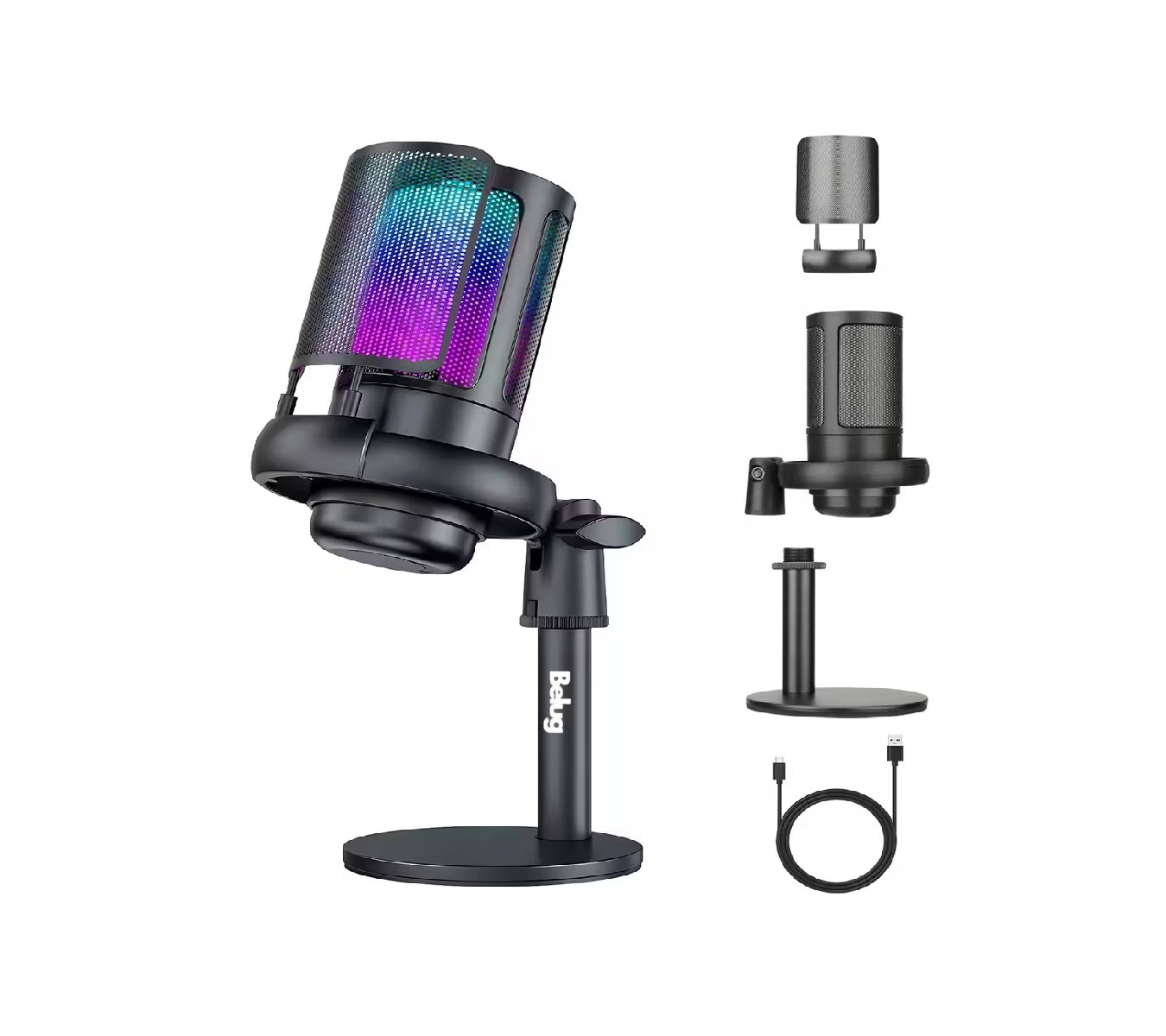 Foto 2 pulgar | Micrófonos Belug Usb Rgb Condensador Cardioide Para Pc / Tel Gamer Negro