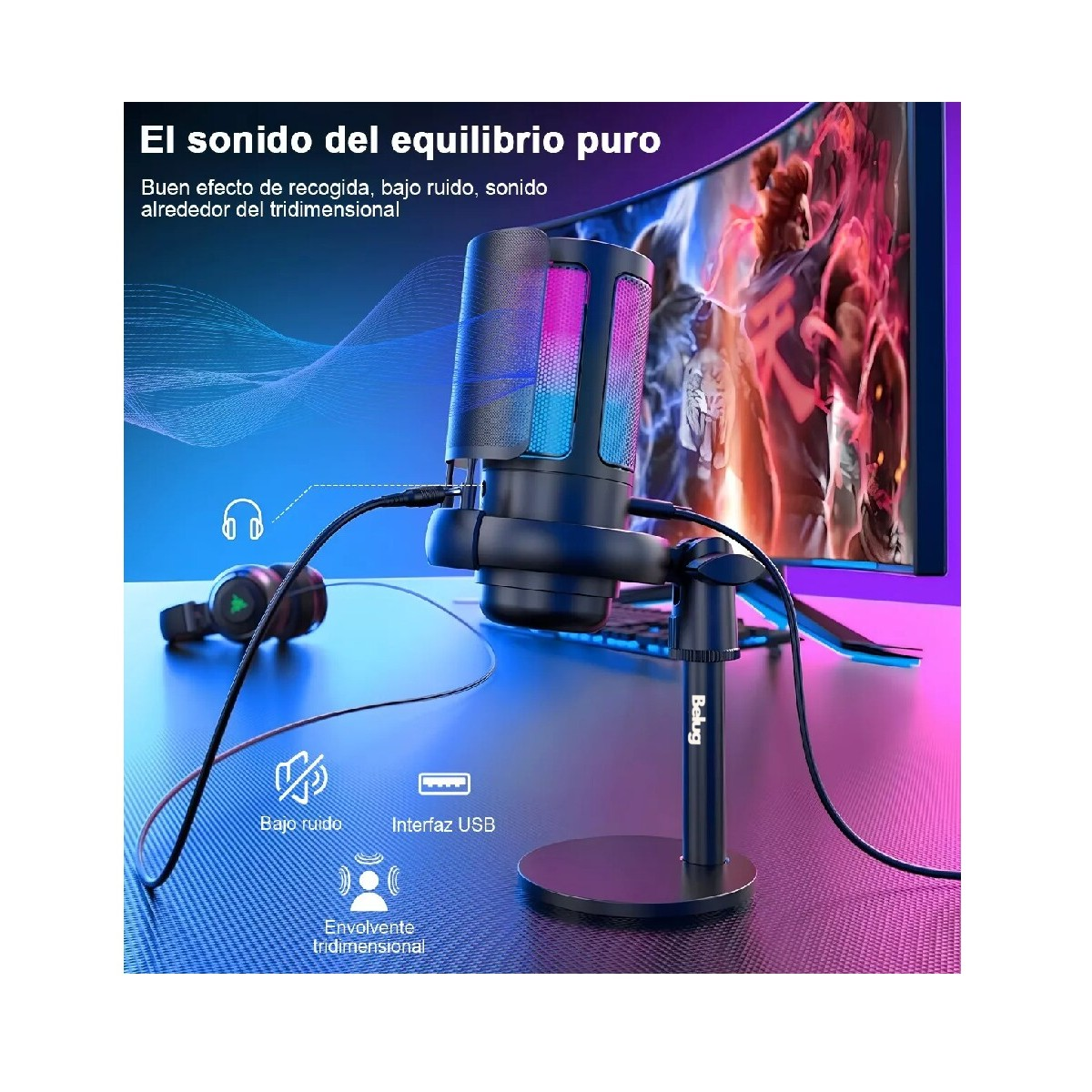 Foto 3 pulgar | Micrófonos Belug Usb Rgb Condensador Cardioide Para Pc / Tel Gamer Negro