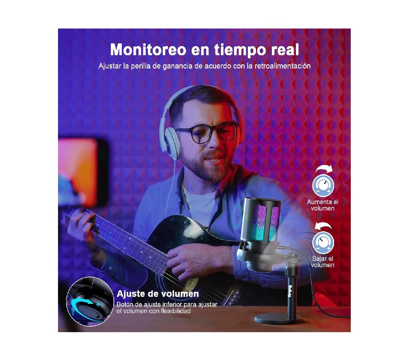 Foto 6 pulgar | Micrófonos Belug Usb Rgb Condensador Cardioide Para Pc / Tel Gamer Negro
