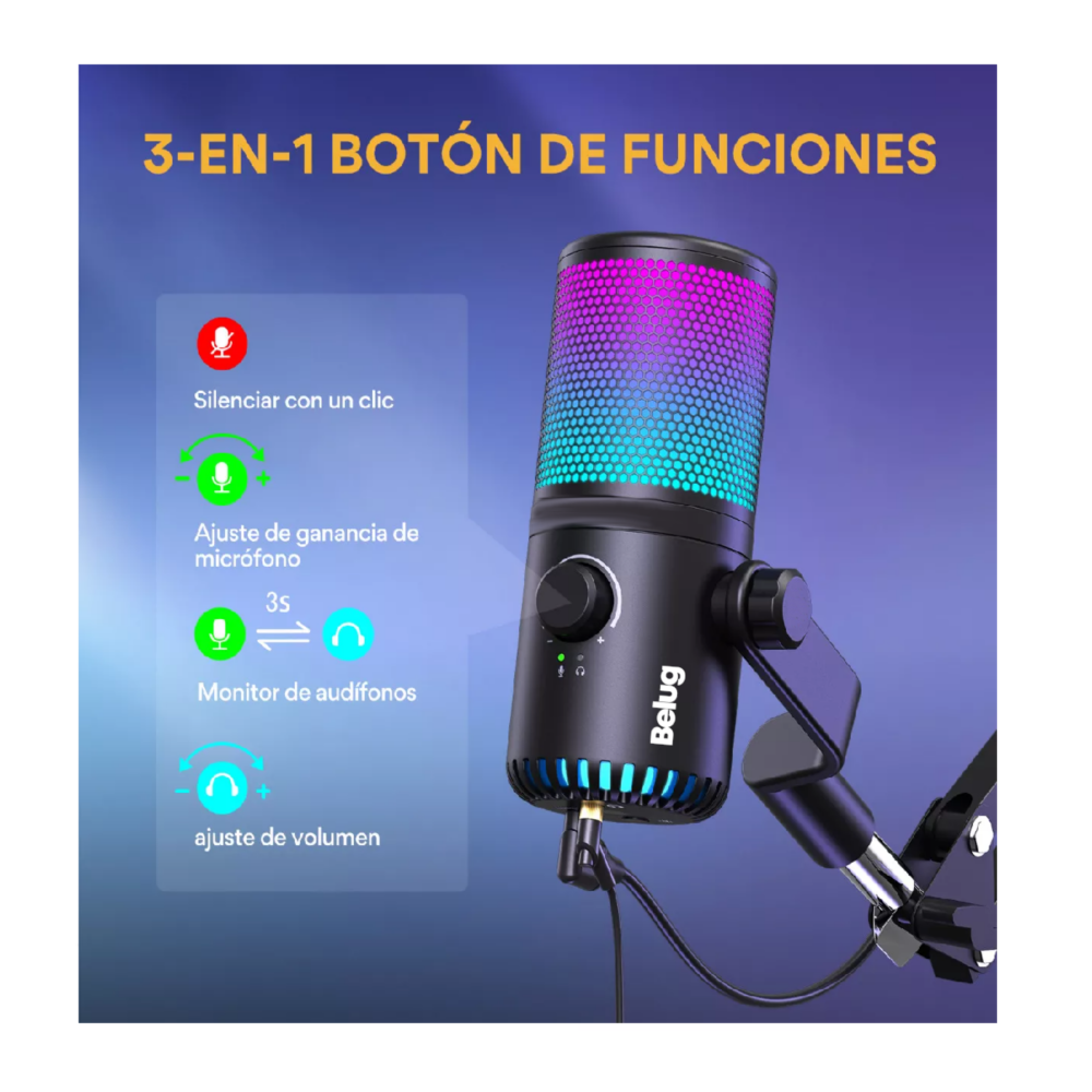 Foto 4 pulgar | Micrófono Gamer Condensador Usb Podcast Pc Dm30 Rgb Negro Belug