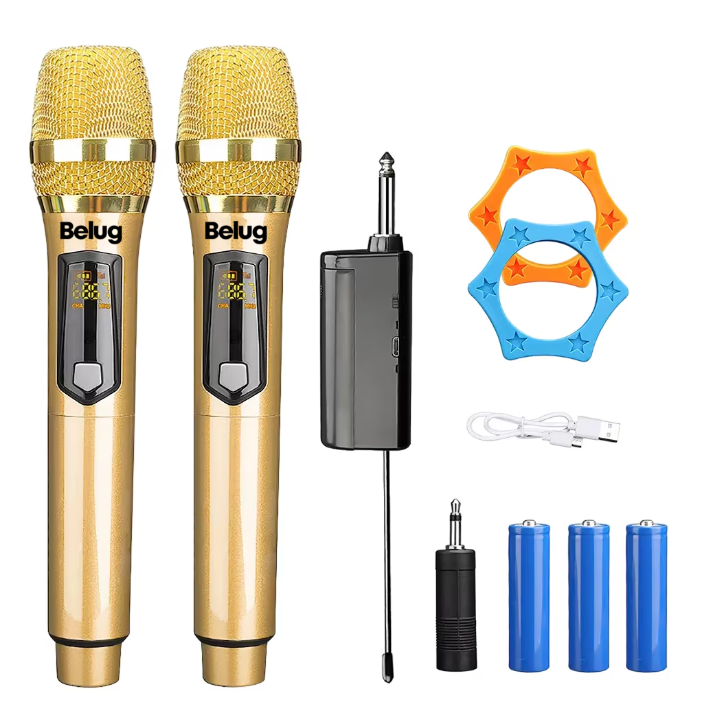 Micrófono Inalámbrico Profesional Karaoke Kit 2 Pcs Universal, Belug Color Oro