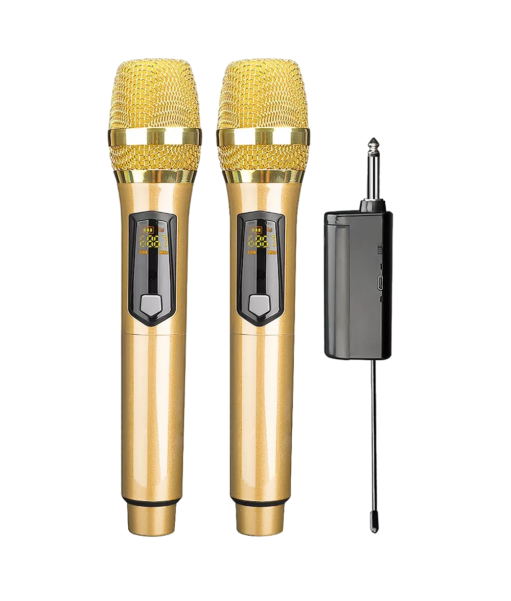 Foto 3 pulgar | Micrófono Inalámbrico Profesional Karaoke Kit 2 Pcs Universal, Color Oro