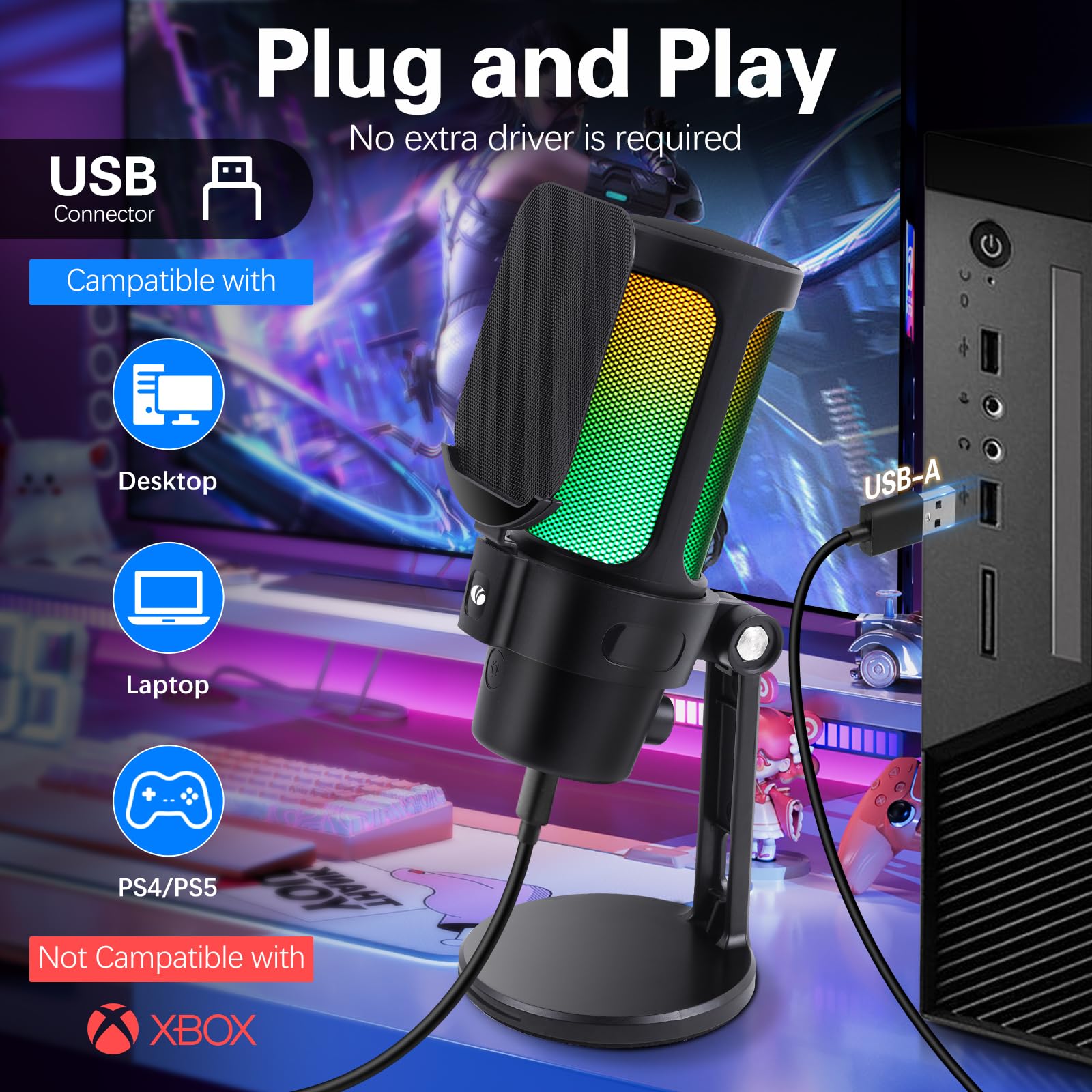 Foto 8 pulgar | Micrófono Usb Para Juegos Vcom Pd100x Con Soporte, Filtro Pop Y Rgb - Venta Internacional.