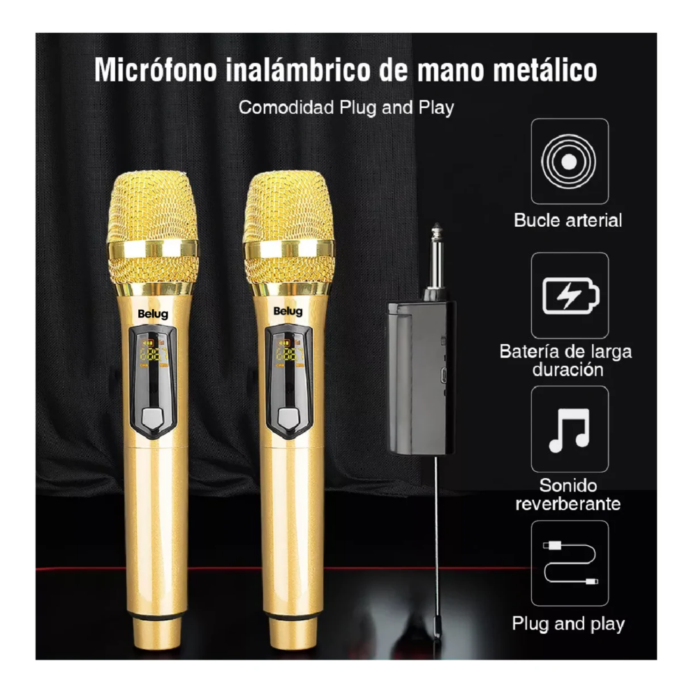 Foto 5 pulgar | Universal Micrófono Inalámbrico Profesional Karaoke Kit 2pcs Belug, Dorado