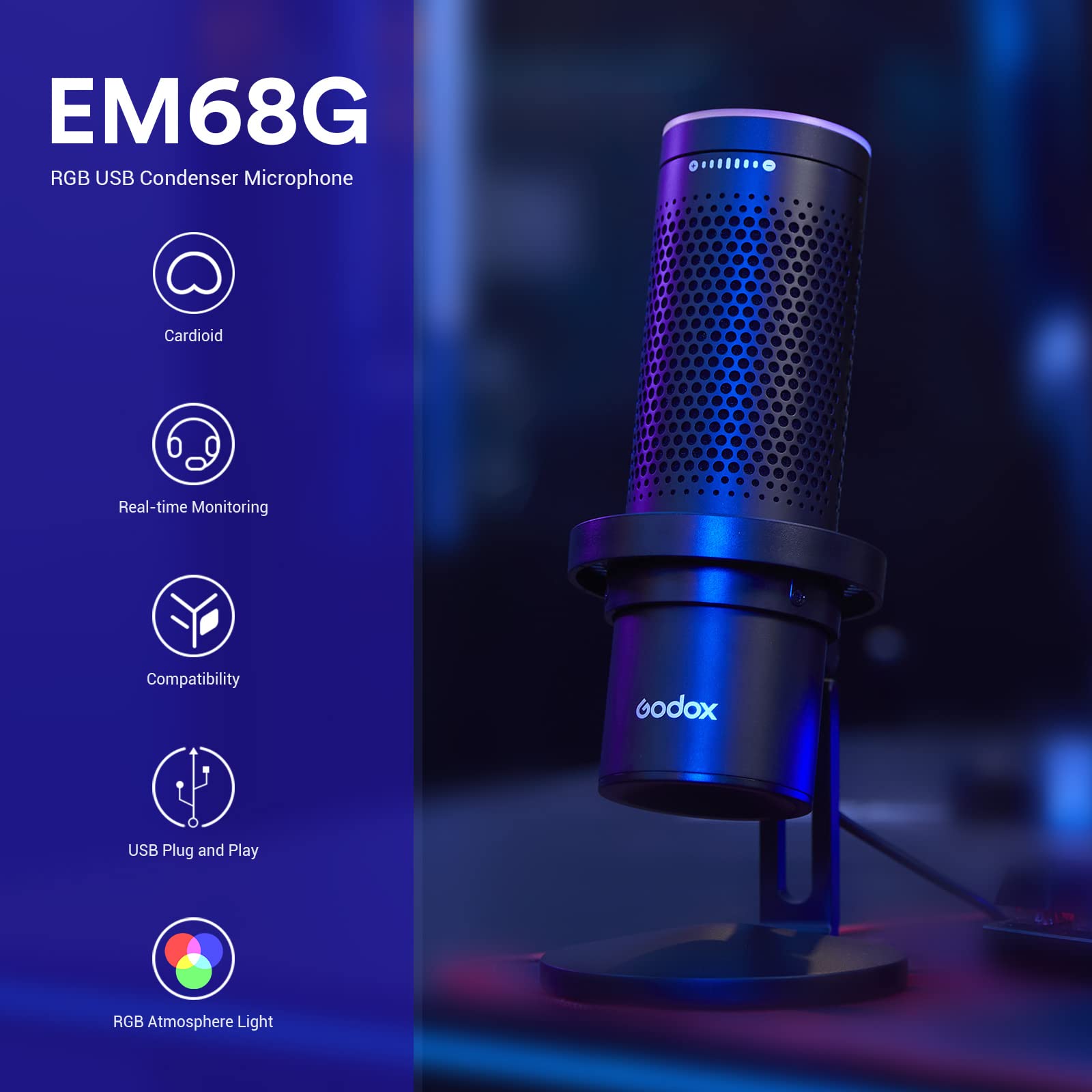 Foto 2 | Micrófono De Condensador Usb Rgb Godox Em68g, Kit De Micrófono Usb Profesional Con Soporte De Mesa P - Venta Intern