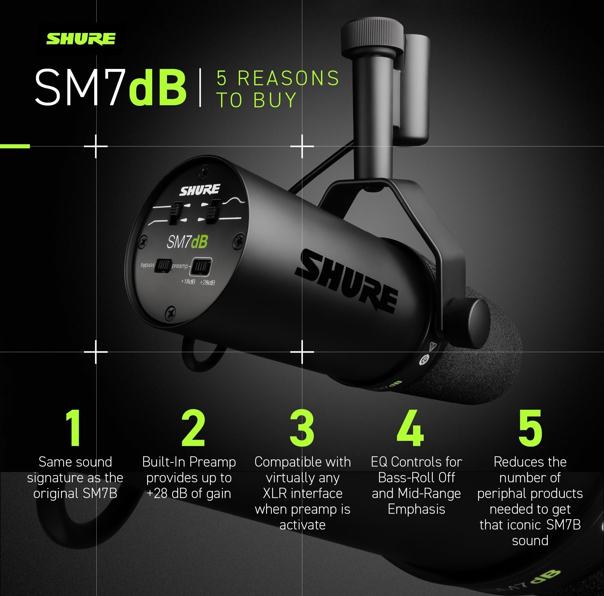 Foto 5 pulgar | Micrófono Vocal Dinámico Shure Sm7db Con Preamplificador - Negro - Venta Internacional.