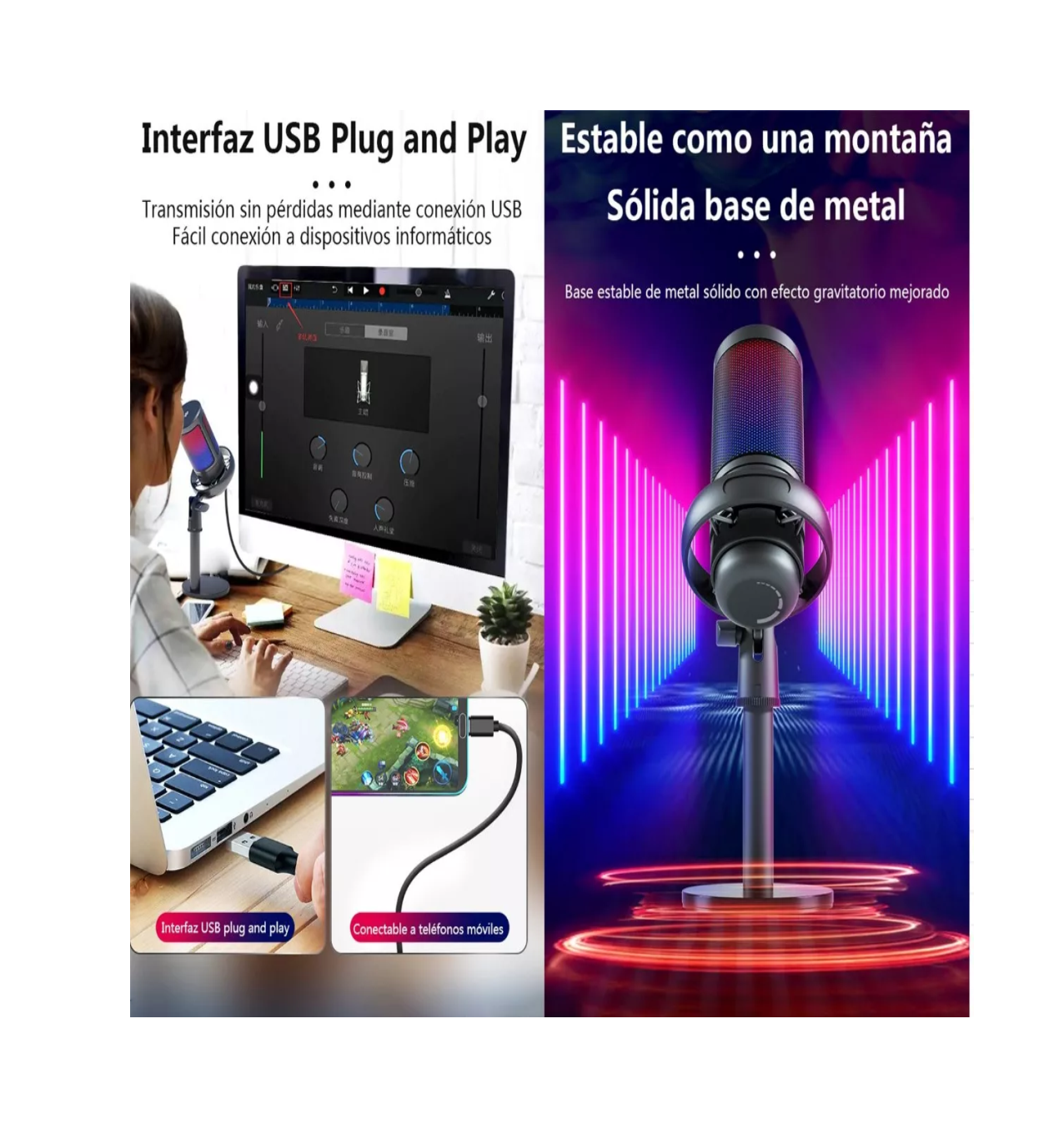 Foto 3 pulgar | Micrófono Condensador Usb Cardioide Rgb Pc Gamer Negro