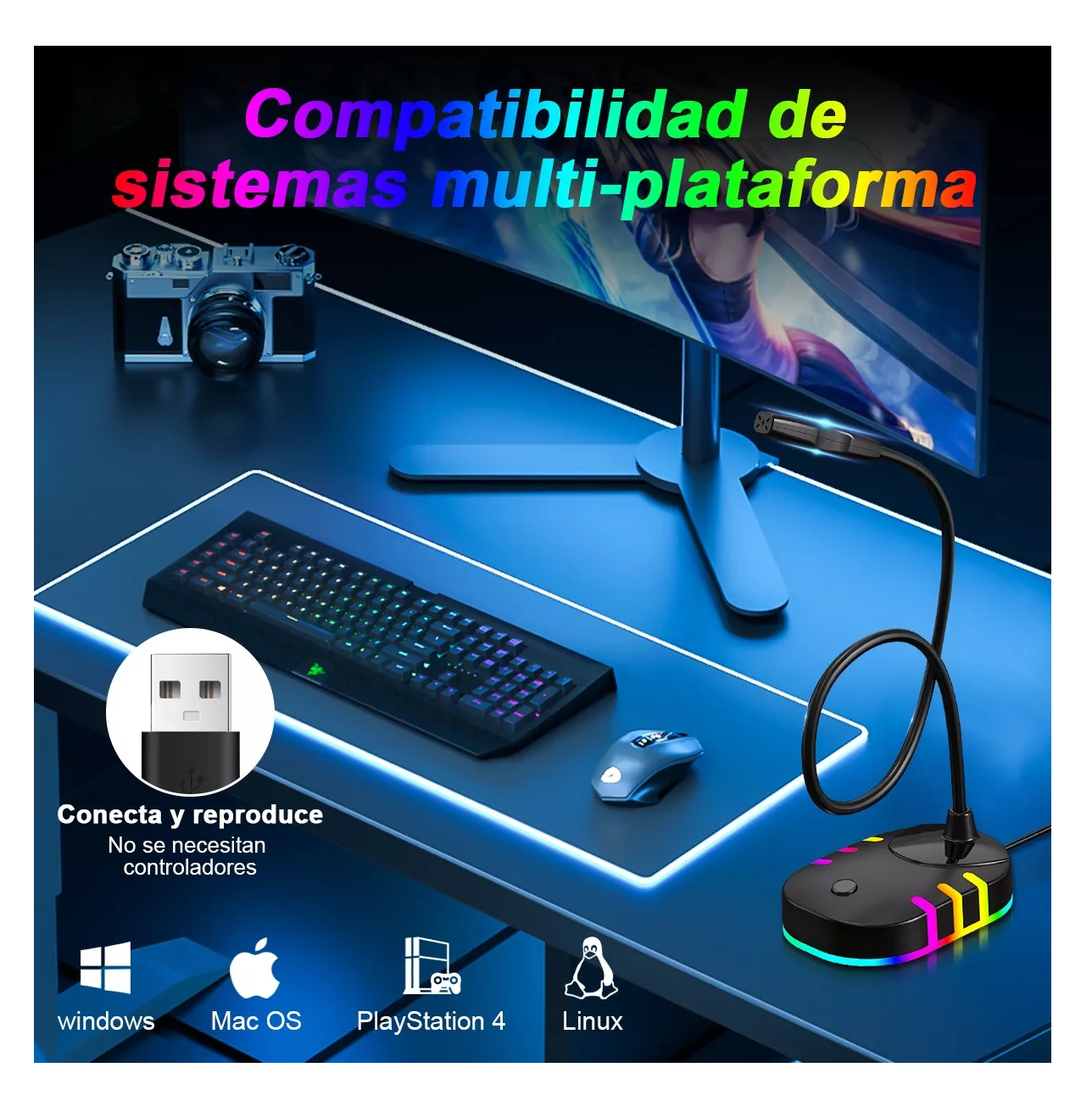 Foto 4 pulgar | Micrófono Condensador Usb Gamer Profesional Rgb Para Pc Negro