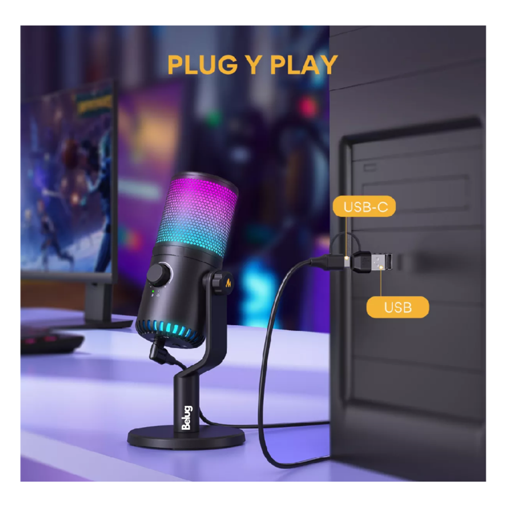 Foto 4 pulgar | Micrófono Gamer Condensador Usb Podcast Pc Dm30 Rgb Belug Negro