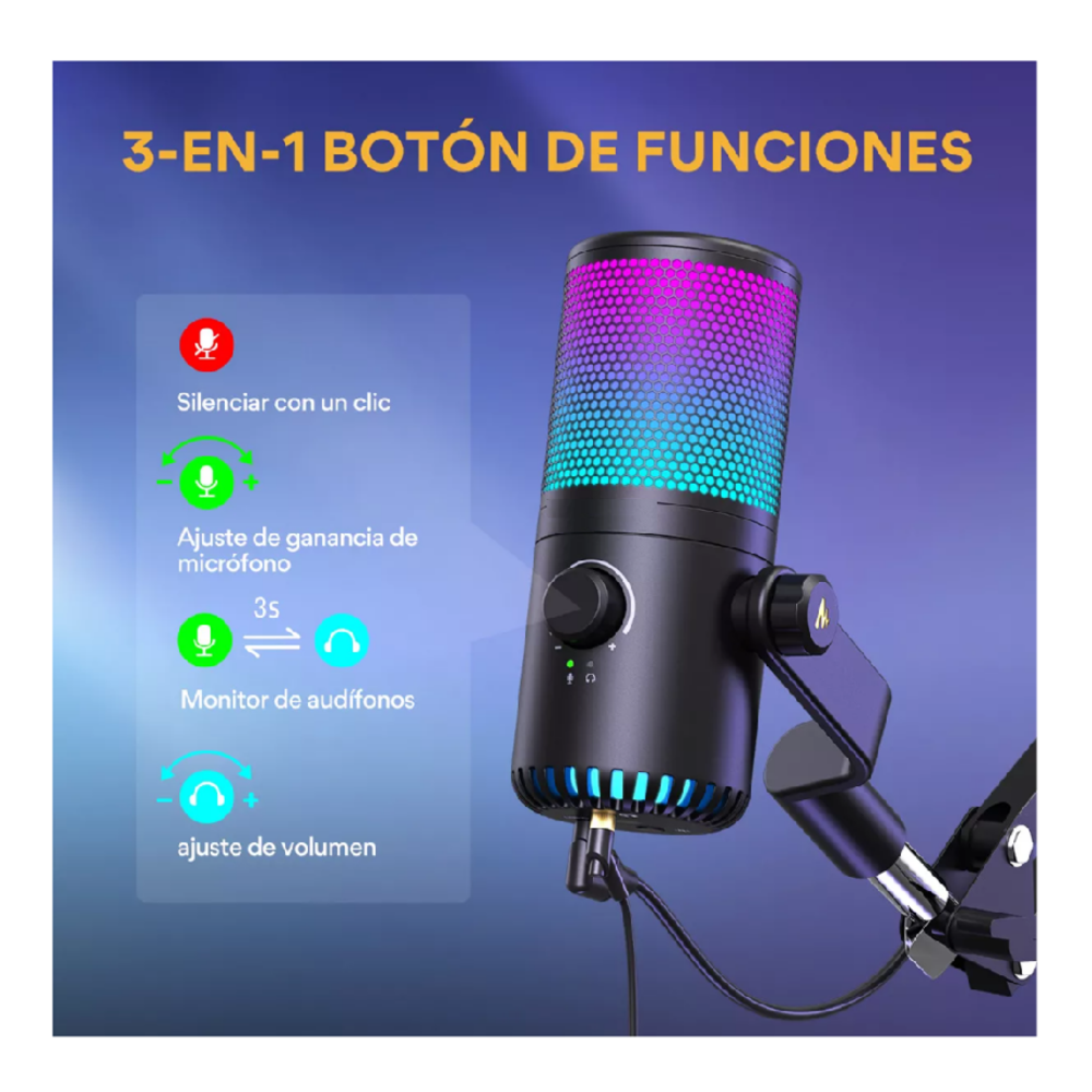 Foto 6 pulgar | Micrófono Gamer Condensador Usb Podcast Pc Dm30 Rgb Belug Negro