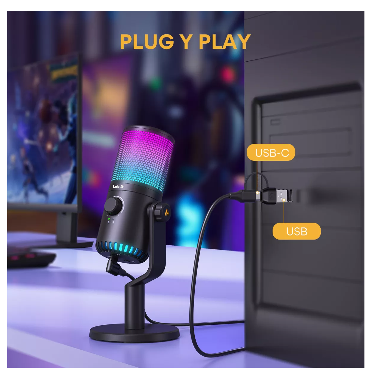Foto 4 pulgar | Micrófono Gamer Condensador Usb Podcast Pc Dm30 Rgb Lab.g Negro