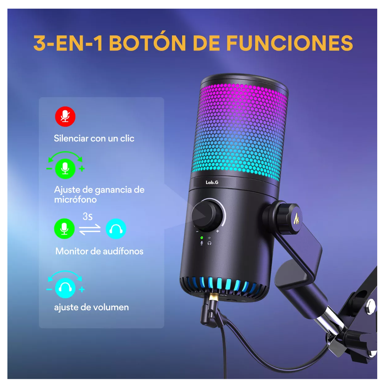 Foto 5 | Micrófono Gamer Condensador Usb Podcast Pc Dm30 Rgb Lab.g Negro