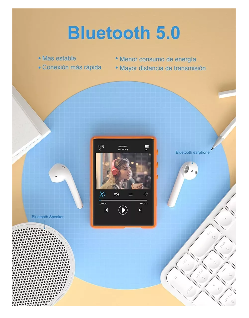 Foto 4 | Reproductor de Música Digital Belug con Pantalla Táctil Anaranjado