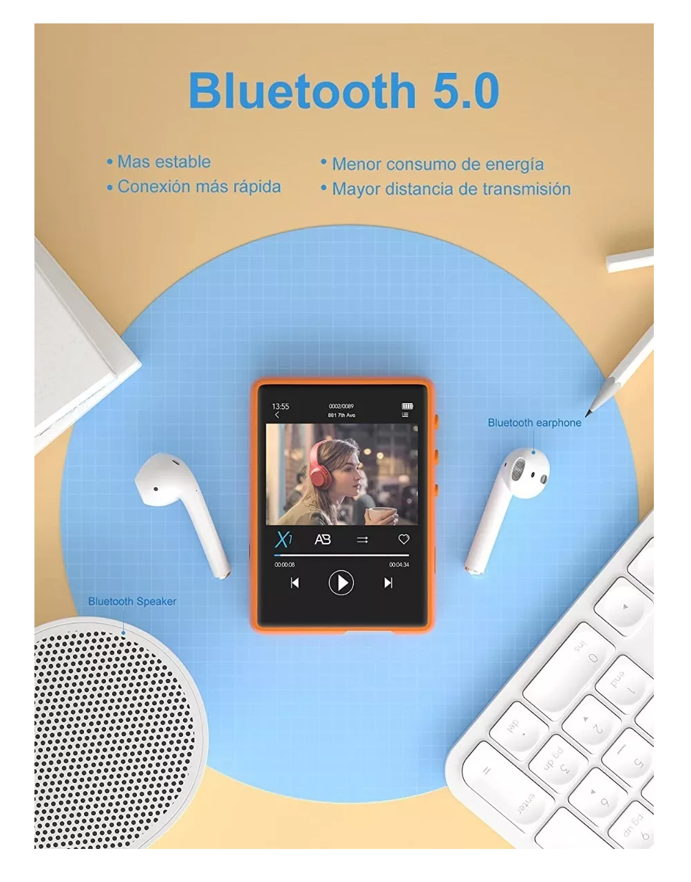 Foto 4 | Reproductor De Música Digital Mp3 Mp4 32g Con Pantalla Tácti Naranja