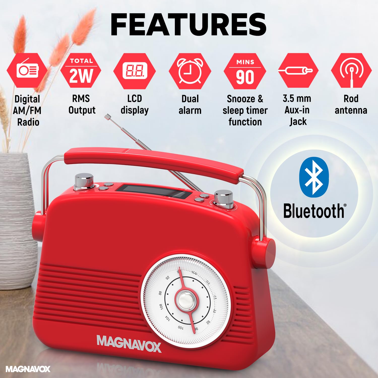 Foto 3 pulgar | Despertador Radio Magnavox Retro Con Bluetooth - Rojo - Venta Internacional.