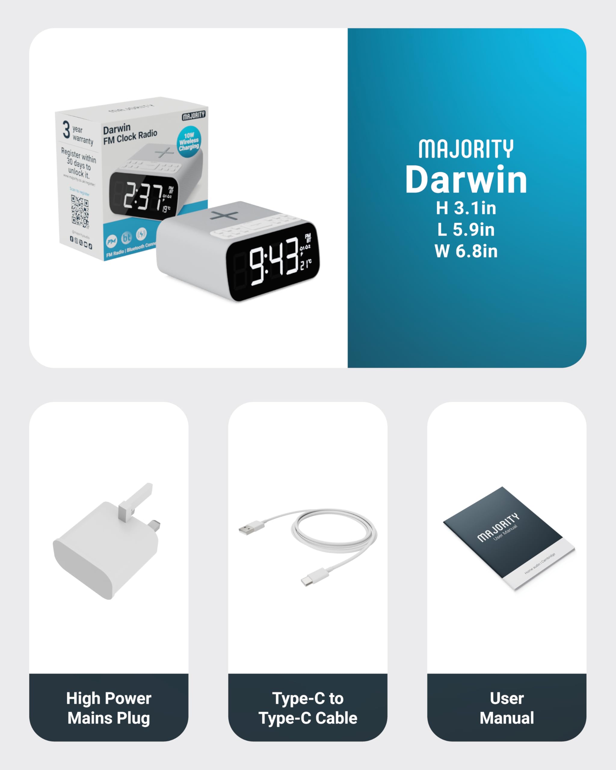 Foto 8 pulgar | Despertador Majority Darwin Bluetooth Con Carga Inalámbrica - Venta Internacional.