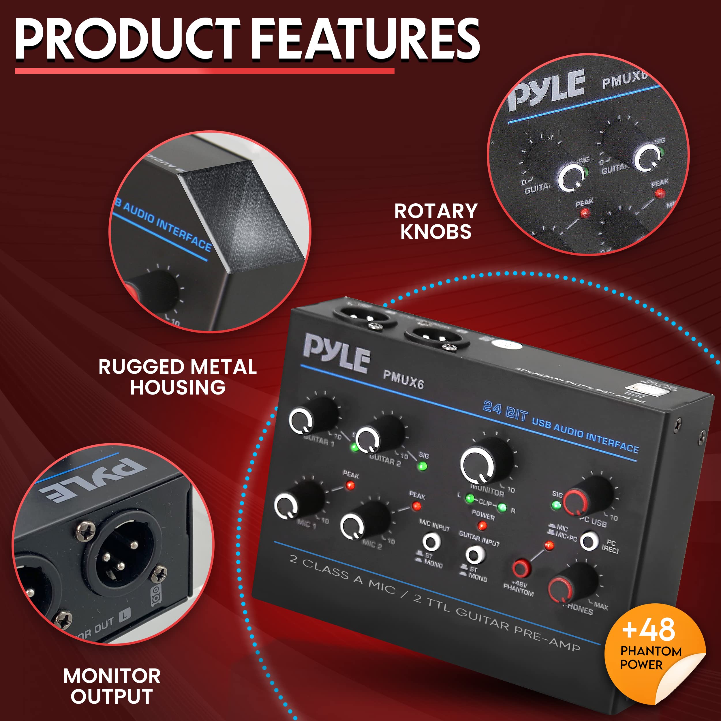 Foto 6 | Interfaz De Audio Usb Pyle Pmux6 Con Entradas De Micrófono/guitarra/aux - Venta Internacional.