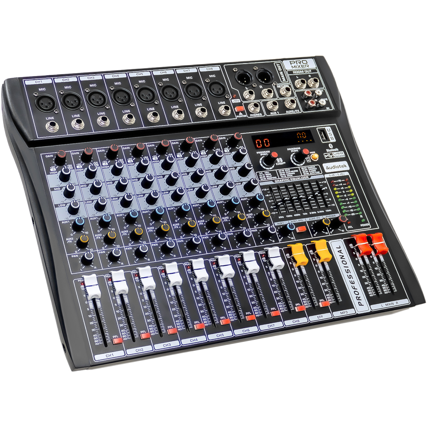 Mezcladora Audiotek Amplificada Mixer Bluetooth 8 Canales 24 Efectos