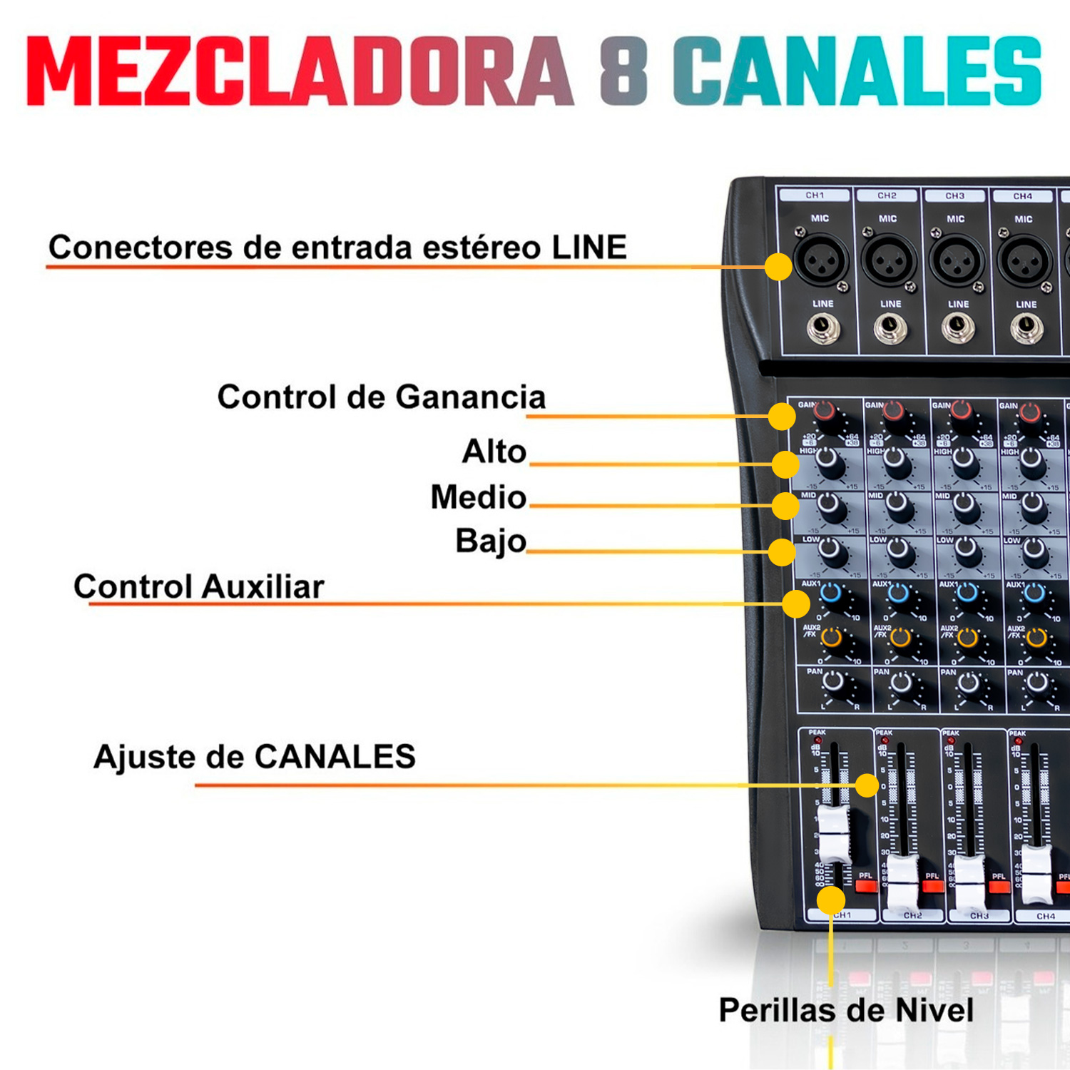 Foto 2 | Mezcladora Audiotek Amplificada Mixer Bluetooth 8 Canales 24 Efectos