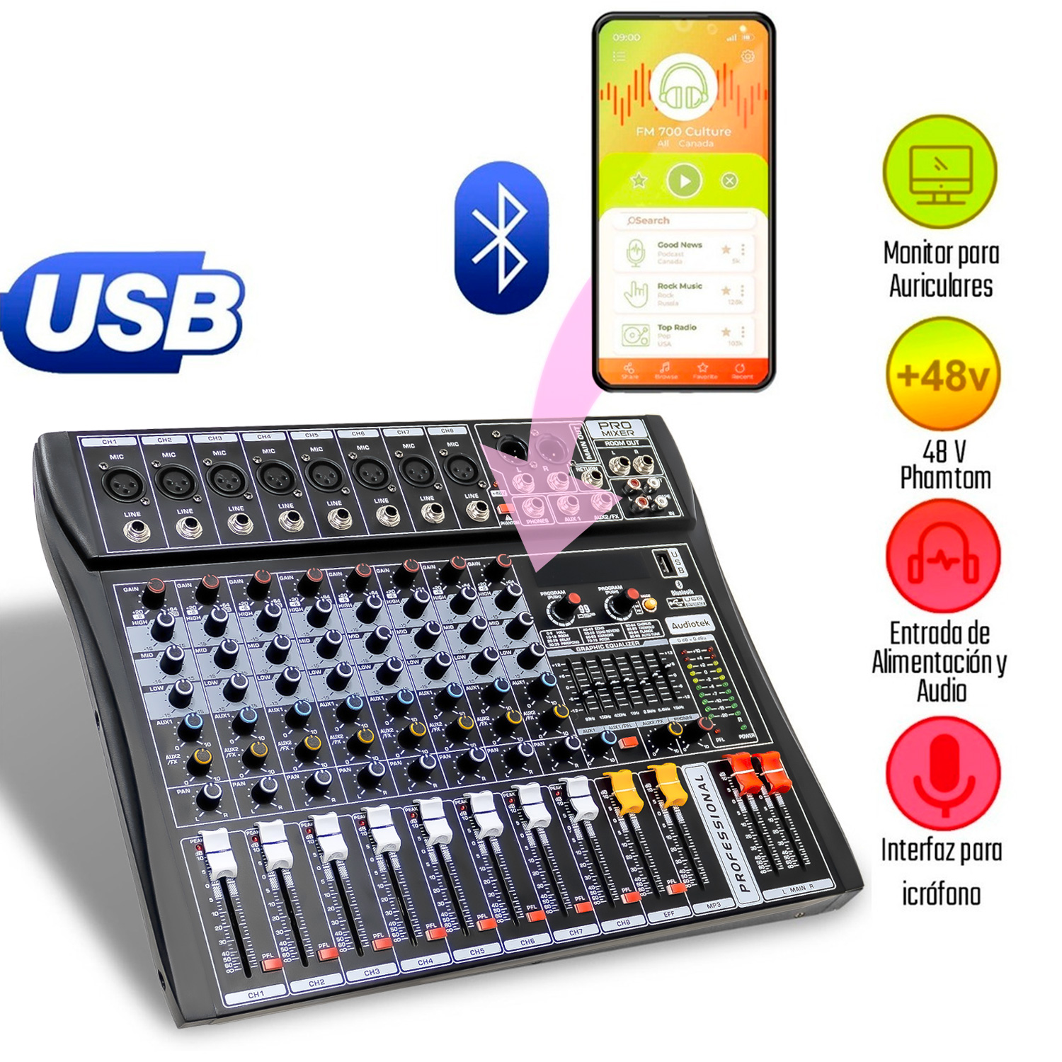 Foto 5 | Mezcladora Audiotek Amplificada Mixer Bluetooth 8 Canales 24 Efectos