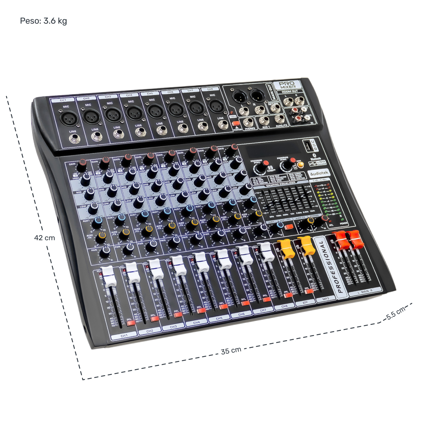 Foto 8 | Mezcladora Audiotek Amplificada Mixer Bluetooth 8 Canales 24 Efectos