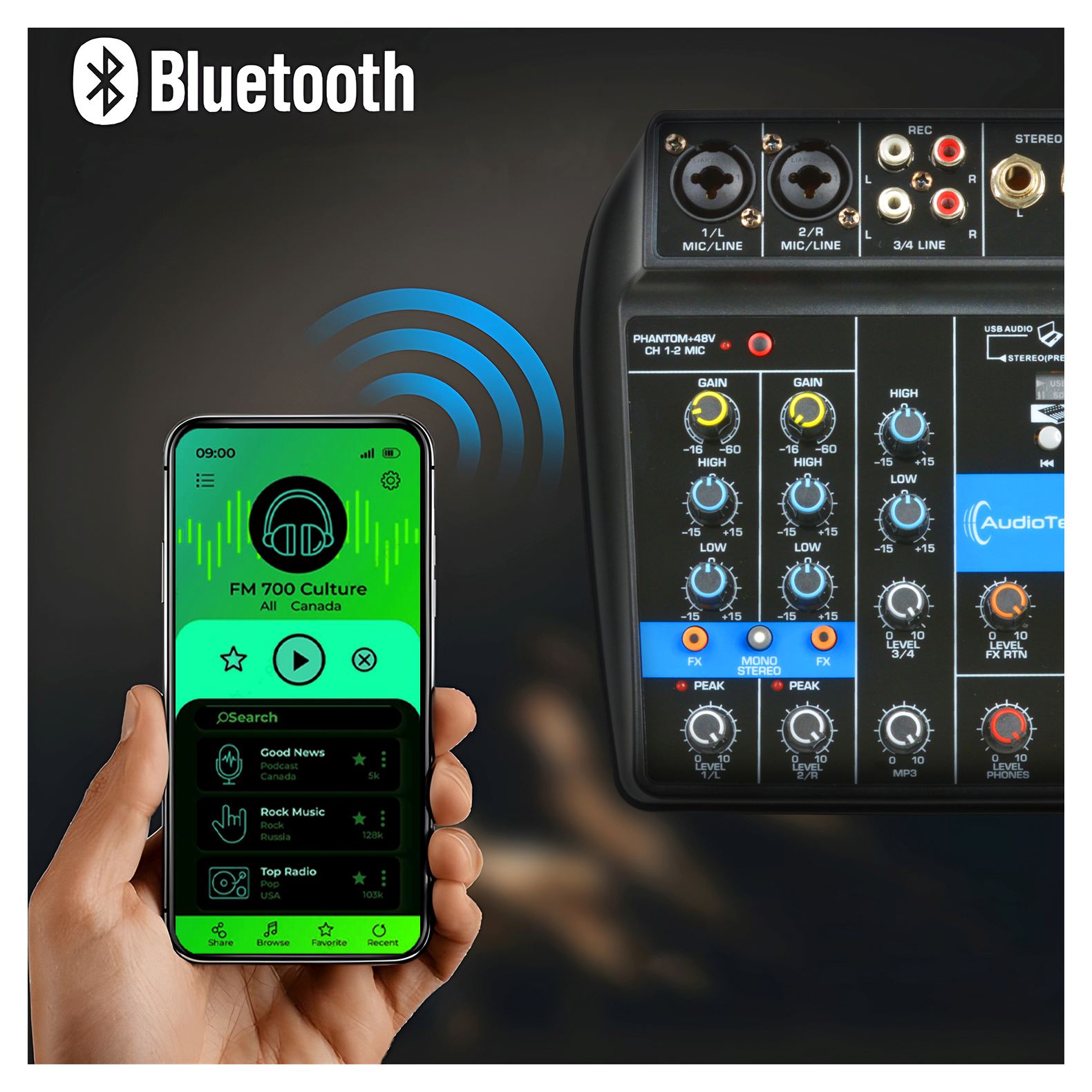 Foto 3 pulgar | Mezcladora Audiotek Mixer USB Bluetooth Tarjeta Audio 4 Canales