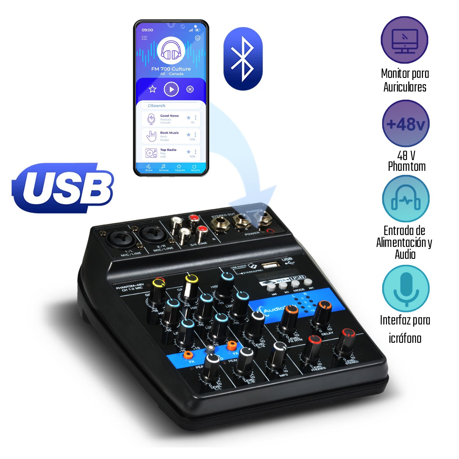 Foto 4 pulgar | Mezcladora Audiotek Mixer USB Bluetooth Tarjeta Audio 4 Canales