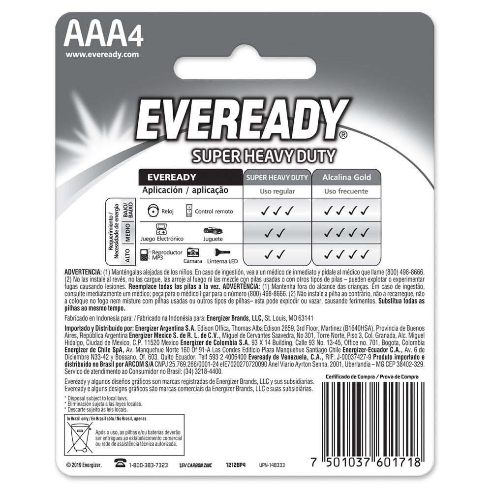 Foto 3 pulgar | Pila Eveready Carbon Zinc AAA con 4 Piezas 1.5v 1212-4