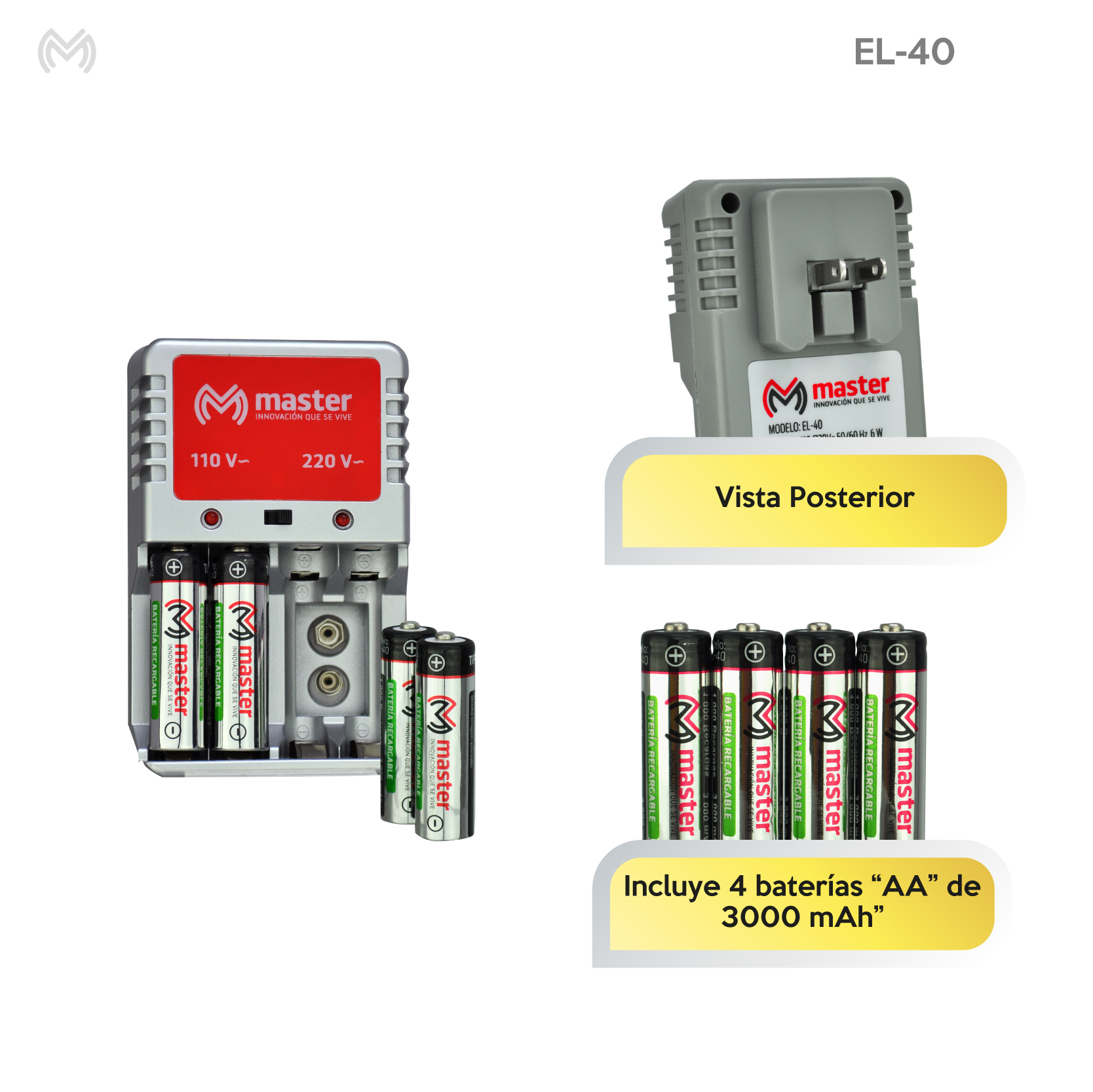 Foto 4 | Cargador De Baterías ''aa'', ''aaa'', 9v De 6w Con 4 Baterías ''aa'' 3000mah El-40