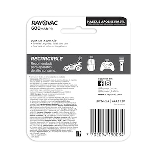 Foto 3 | Baterías AAA Rayovac Recargables 2 Piezas 600 mAh