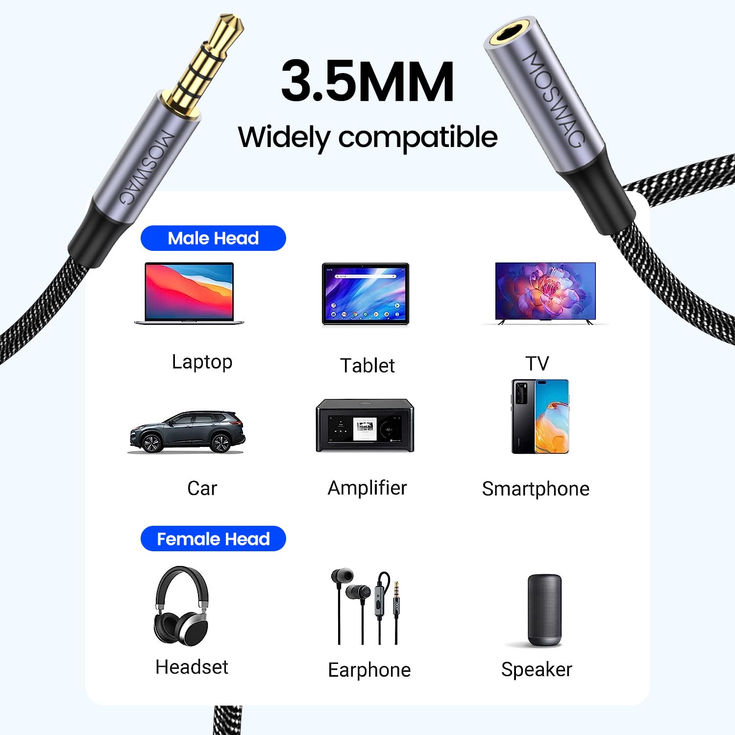 Foto 3 pulgar | Cable Para Auriculares Moswag Extensión De 3.5 mm 3 M Nailon Trenzado - Venta Internacional