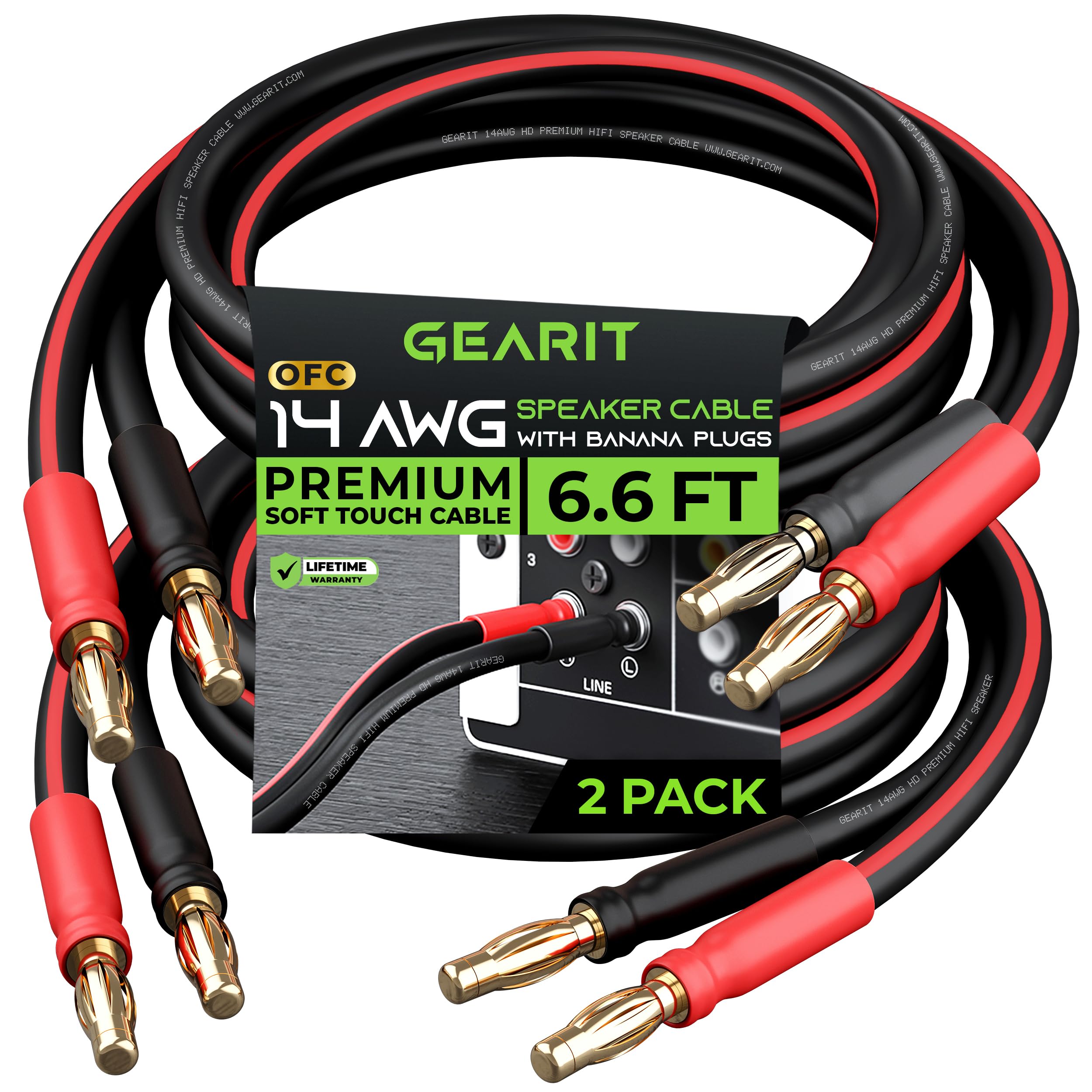 Foto 1 | Cable Altavoz Gearit 14 Awg con Conectores Tipo Banana 2 M, 2 Unidades Negro - Venta Internacional