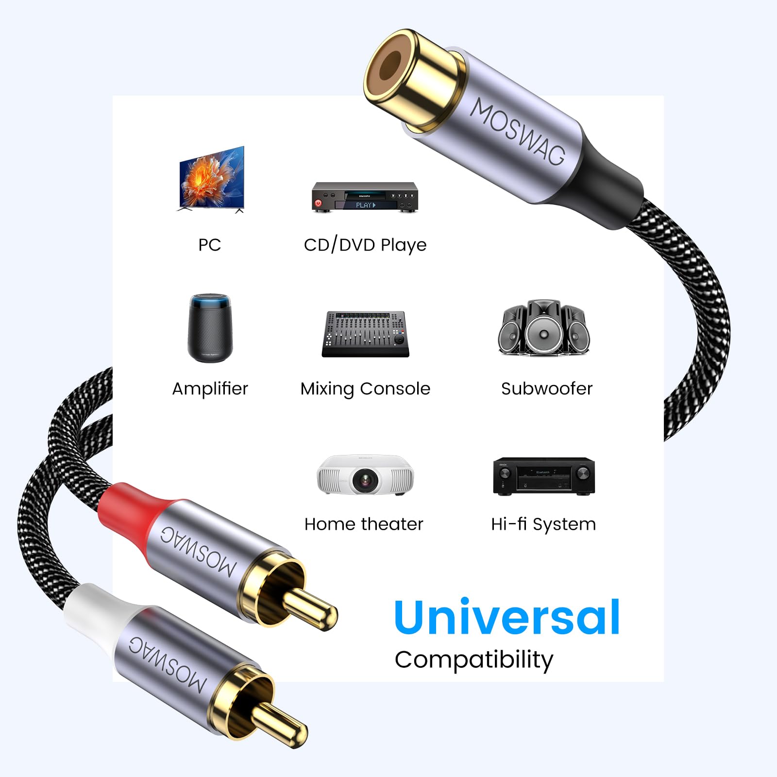 Foto 6 pulgar | Divisor Rca Moswag, 1 Hembra A 2 Machos, 20 Cm, Paquete De 2 Unidades, Negro - Venta Internacional.