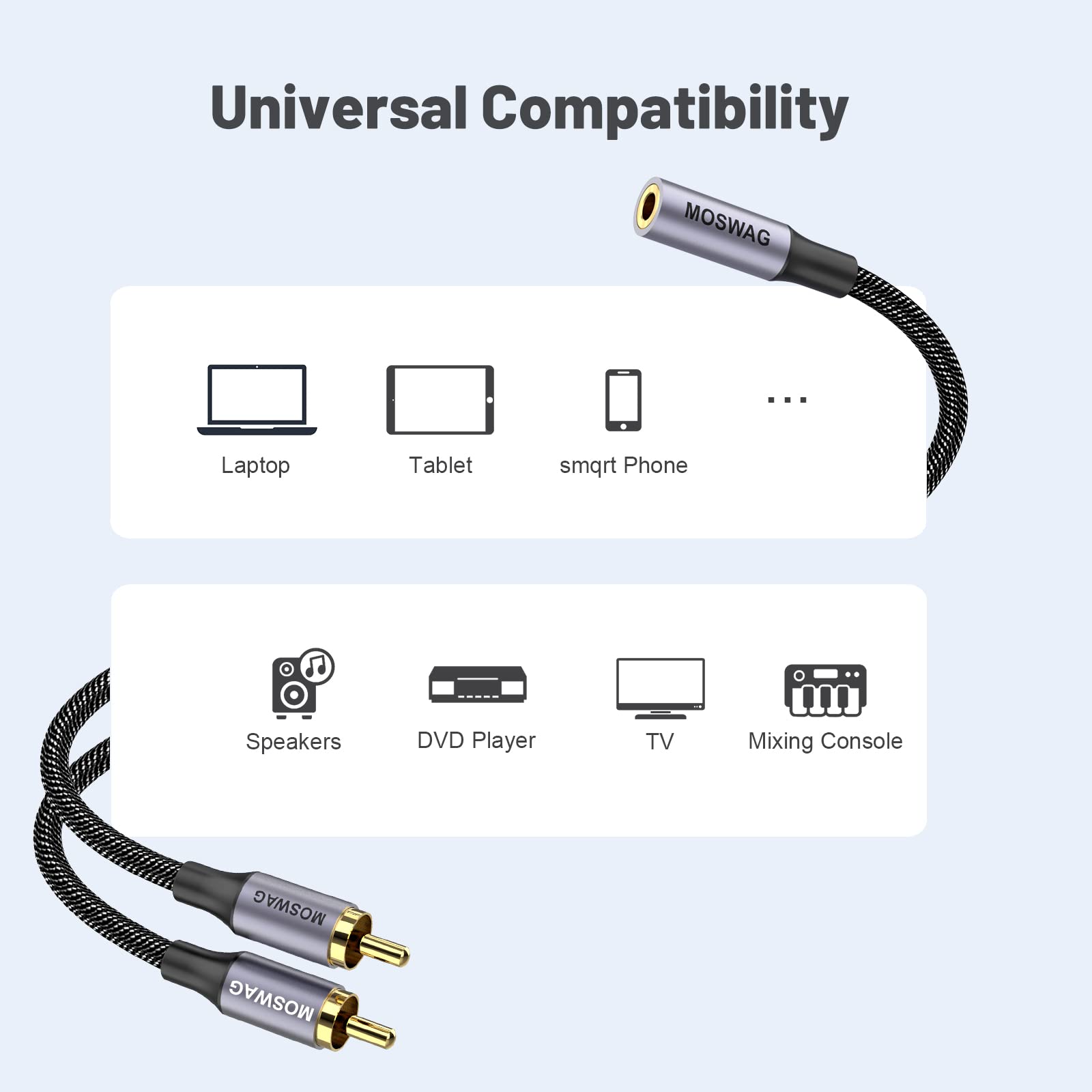 Foto 3 pulgar | Cable De Audio Moswag Hembra De 3,5 Mm A 2 Rca Macho De 25 Cm, Chapado En Oro - Venta Internacional.