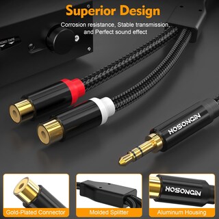 Foto 4 | Cable Hosongin De 3,5 Mm Macho A 2 Conectores Rca Hembra, Nailon Trenzado, Paquete De 2 - Venta Internacional.